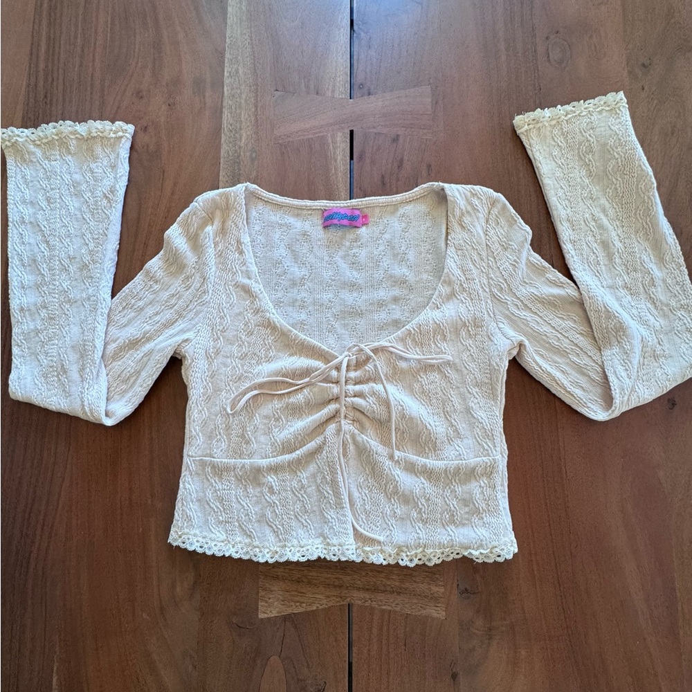 Edikted Pink Bell Sleeve Ruched Tie Front Crop Top Lace Trim